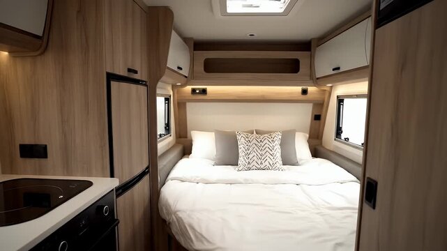 Cozy and Modern Campervan Interior with Kitchenette and Bed.