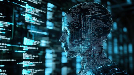 A developer coding an AI-powered chatbot on a computer, with code and neural network models on the screen.