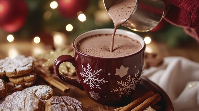 A person pouring hot chocolate into a festive mug, surrounded by holiday treats like cookies and cinnamon sticks. - Powered by Adobe