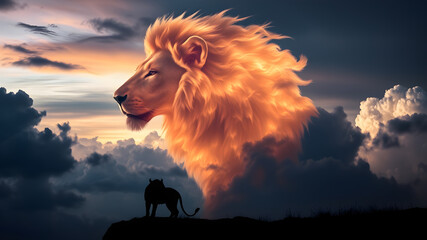 Epic Fantasy Lion Formed from Glowing Clouds in a Dramatic Sky