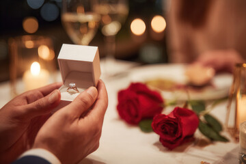 Romantic proposal with an engagement ring at a candlelit dinner setting with roses