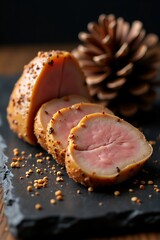 Sliced Smoked Duck Breast with Pine Cone Decoration.