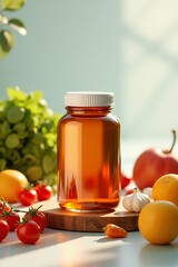 Vitamin Bottle with Fresh Vegetables and Fruits Still Life.