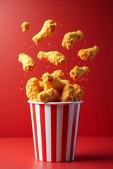 Crispy Fried Chicken Overflowing from a Striped Bucket.