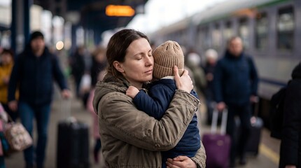 Mother embracing child at train station, symbol of migration and refugee crisis
