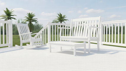 Relax on a white deck with tropical views from comfortable rocking chairs and a bench, perfect for a summer getaway or peaceful outdoor retreat.
