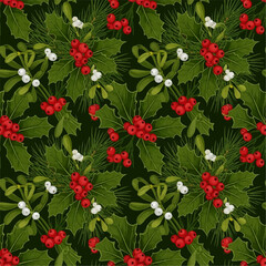 A festive winter holiday arrangement of traditional holly with red berries and mistletoe on a dark green background