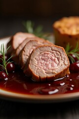 Delicious Pork Tenderloin with Cherry Sauce and Rosemary Garnish.