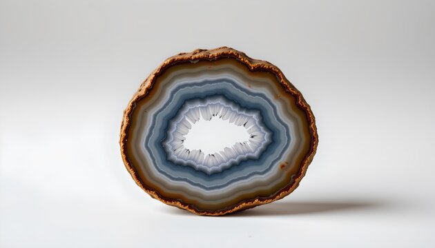 An oblongal geode with a rich, deep blue interior and outer layers of brown rock, presented against a neutral background.