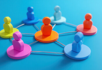 Colorful network of people connecting with vibrant figures and circles on a blue background