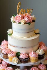 Elegant TwoTier Wedding Cake with Cupcakes and Floral Decorations.