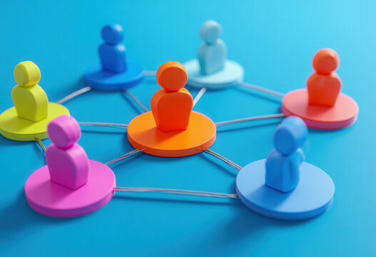 Colorful network of people connecting with vibrant figures and circles on a blue background