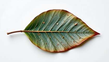 A single leaf with green veins and a reddish brown edge, laid flat against a light background.