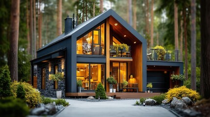 Stunning modern home nestled in serene woodland setting with warm inviting interior light, ideal for lifestyle and real estate marketing campaigns