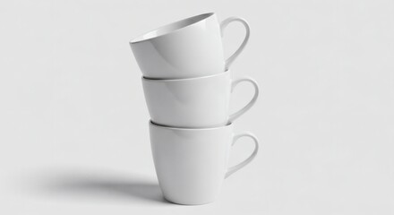 Stack of three white ceramic mugs isolated on white background, creating a minimalist and clean aesthetic