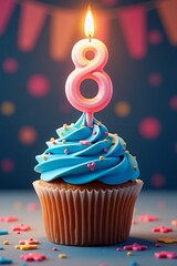 Festive Eighth Birthday Cupcake with Blue Frosting and Candle.