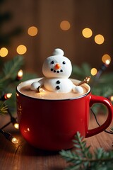 Festive Hot Chocolate with Marshmallow Snowman and Christmas Lights.