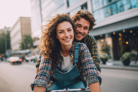 Young couple enjoying a bike ride together in a lively urban setting during a sunny day - Powered by Adobe