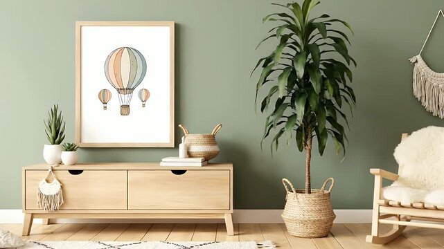 Cozy Living Room Scene with Hot Air Balloon Art and Natural Decor.