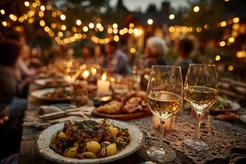 Fototapeta premium Cozy dinner party scene focused on a plate of food and wine glasses with a blurred group of friends chatting in the background with lights.