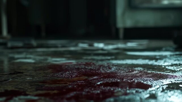 Eerie scene with blood and gloved hands creating a suspenseful and unsettling atmosphere