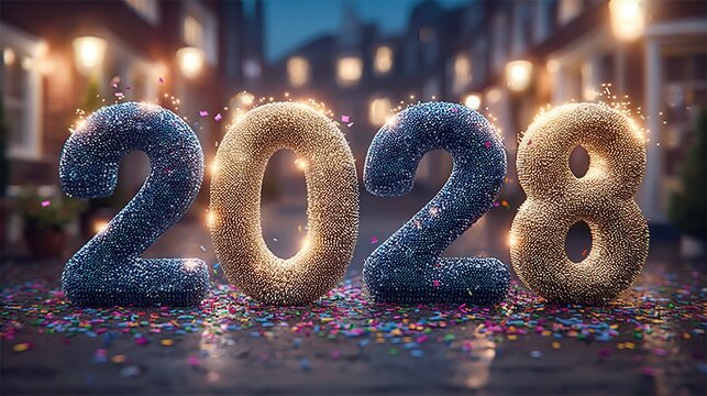 Celebrate 2028 with dazzling confetti and sparkling numbers, setting the stage for a year of joy, prosperity, and unforgettable memories