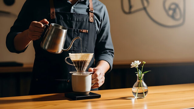 Skilled barista meticulously pours hot water into a pour-over coffee dripper, crafting a fresh and aromatic brew in the tranquil ambiance of a modern coffee shop