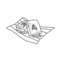 Thin Line Illustration of Indonesian Snack Ketan Bintul on Banana Leaf with Red Chili on Top