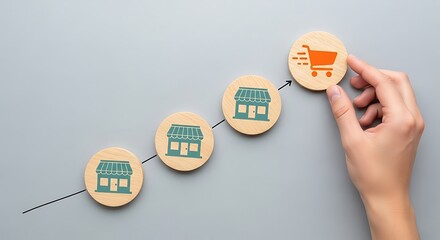 Hand placing shopping cart icon on wooden disc, business growth concept