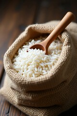 Rice in a burlap sack with wooden spoon.