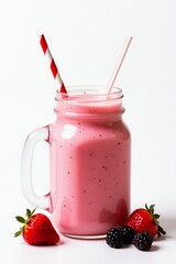 Refreshing Berry Smoothie in Mason Jar with Straws.