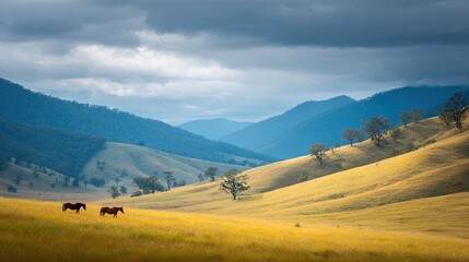 Two horses graze in a golden meadow with rolling hills and distant blue mountains under a dramatic cloudy sky