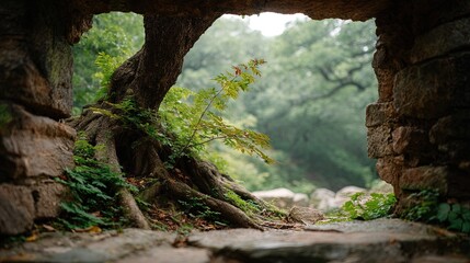 Ancient stone ruin frame revealing a weathered tree with sprawling roots and lush green forest foliage in the background