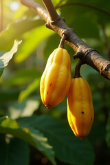 Ripe Yellow Cacao Pods Hanging on a Branch in Sunlight.