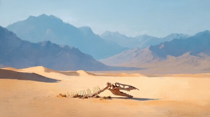 Ancient dinosaur skeleton resting on sandy desert floor with hazy mountain range in background under clear sky
