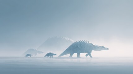 Low poly geometric dinosaurs walking across a misty flat pale blue landscape with layered mountains in the distance