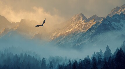 A silhouetted dragon soars through misty mountains and pine forests under a golden sky