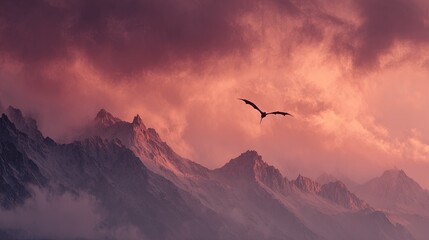 Silhouette of a winged creature flying above misty rocky mountain peaks during a dramatic pink sky sunset
