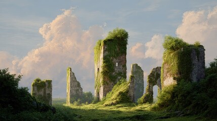 Ancient overgrown castle ruins stand tall amidst lush green grass under a dramatic sky with soft clouds