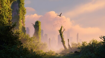 Overgrown ruins of skyscrapers covered in lush green vegetation with birds flying in a hazy soft lit sky