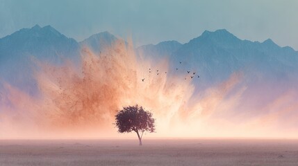 Lone tree stands in a misty barren landscape with a dramatic mountain range and a flock of birds flying against a vibrant cloudy sky