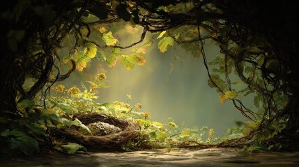 Intricate vine covered forest entrance with a nest and blooming wildflowers bathed in soft ethereal light