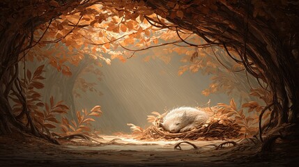 A small fluffy white animal sleeps peacefully in a nest of twigs and leaves within a dreamlike forest setting with warm autumnal foliage and dappled light