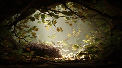 An empty bird's nest rests among foliage on the forest floor illuminated by dappled sunlight filtering through leaves