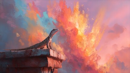 A small lizard stands on a stone structure gazing at a dramatic sky filled with vibrant fiery clouds