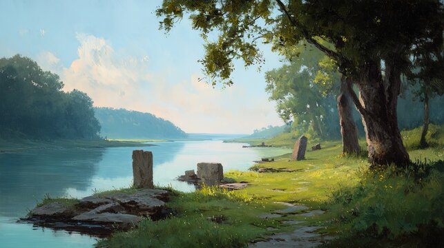 Serene river landscape with ancient stone monoliths and lush green grassy banks under a bright sky