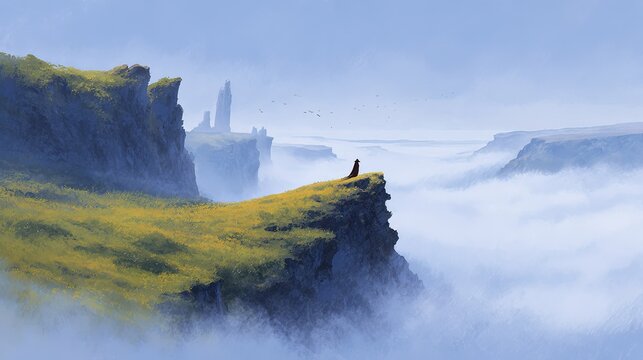 A solitary figure in a cloak stands on a grassy cliff edge overlooking a misty valley with rock formations - Powered by Adobe