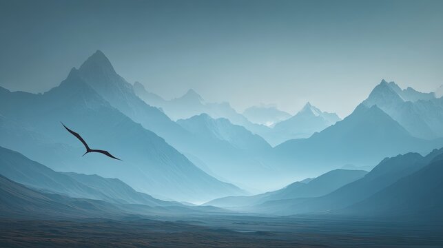 Silhouette of a bird flying through a vast misty mountain range under a pale sky showcasing layered peaks and valleys