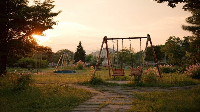 A weathered swing set and merry go round in an overgrown park at sunset with soft golden light filtering through trees - Powered by Adobe