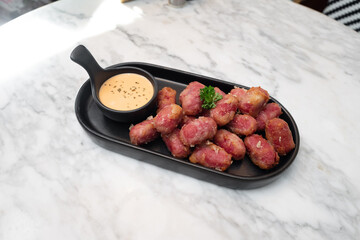 Fried Sausage Appetizers with Dipping Sauce